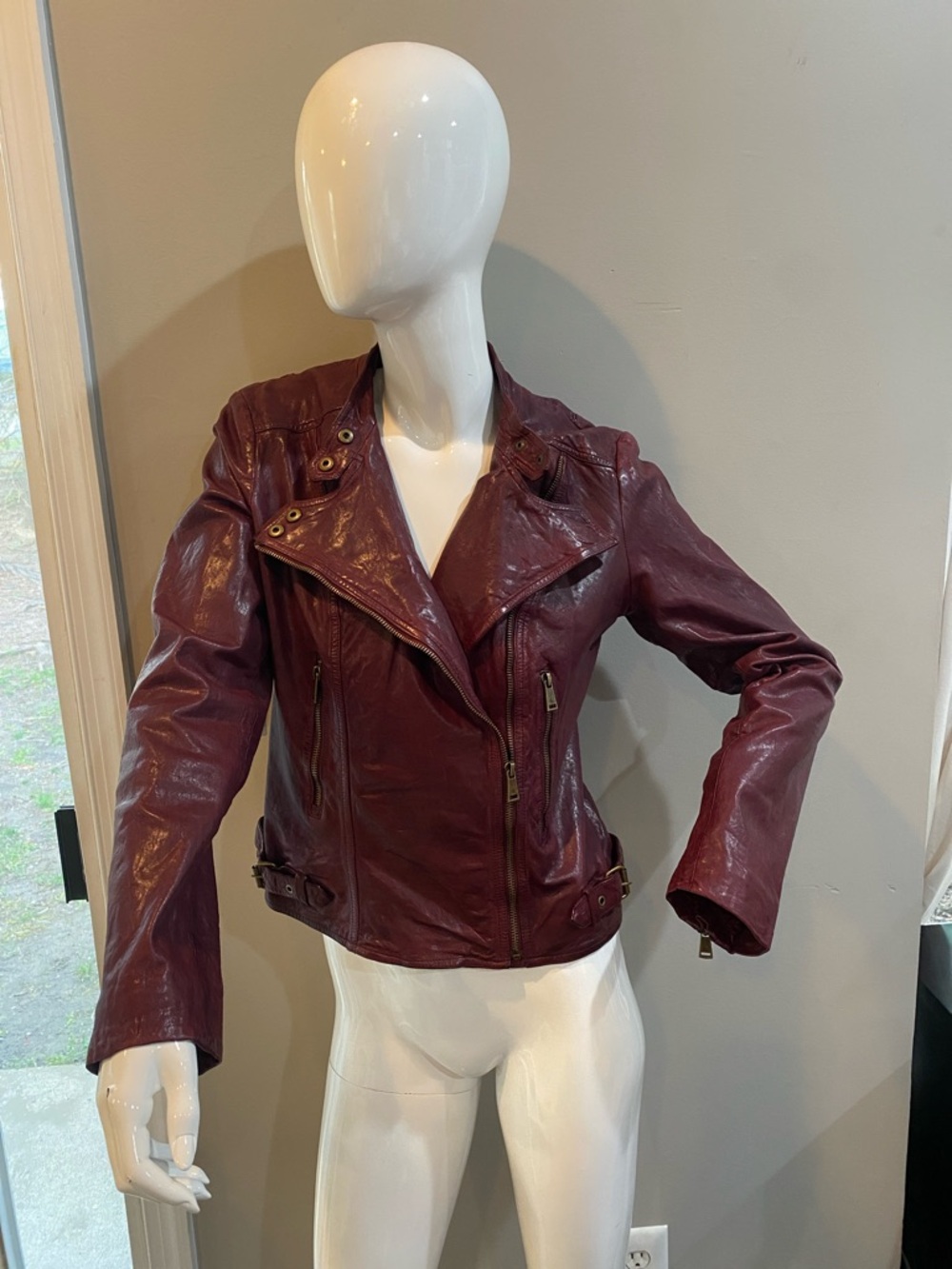 Ralph Lauren Women's Burgundy Leather Moto Jacket VGUC 10